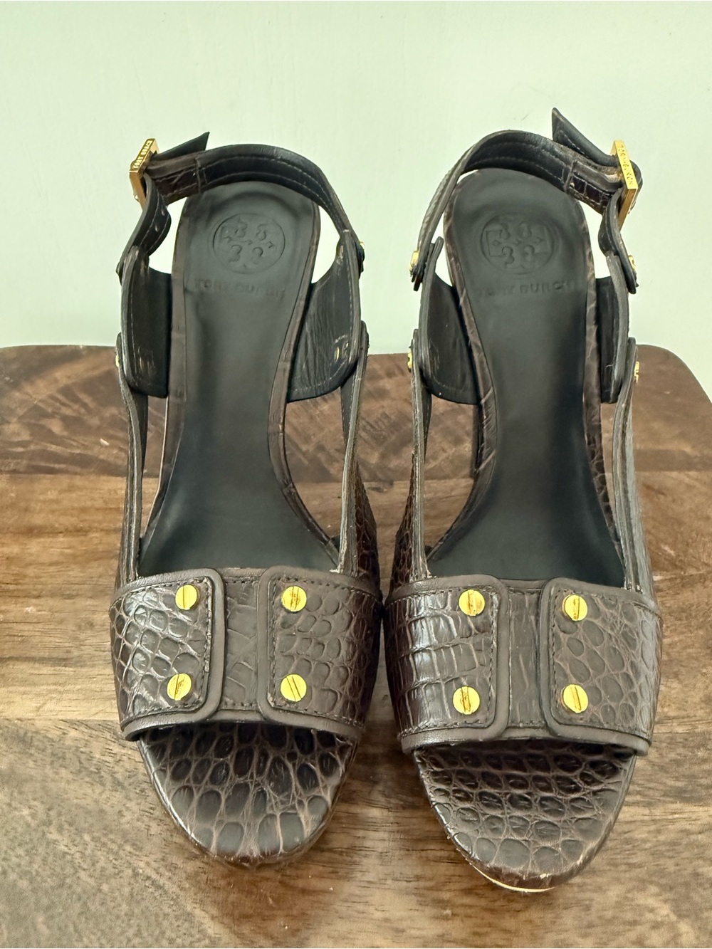 Tory Burch Dark Brown Croc-Embossed Leather Ankle-Strap Heels with Gold Studs